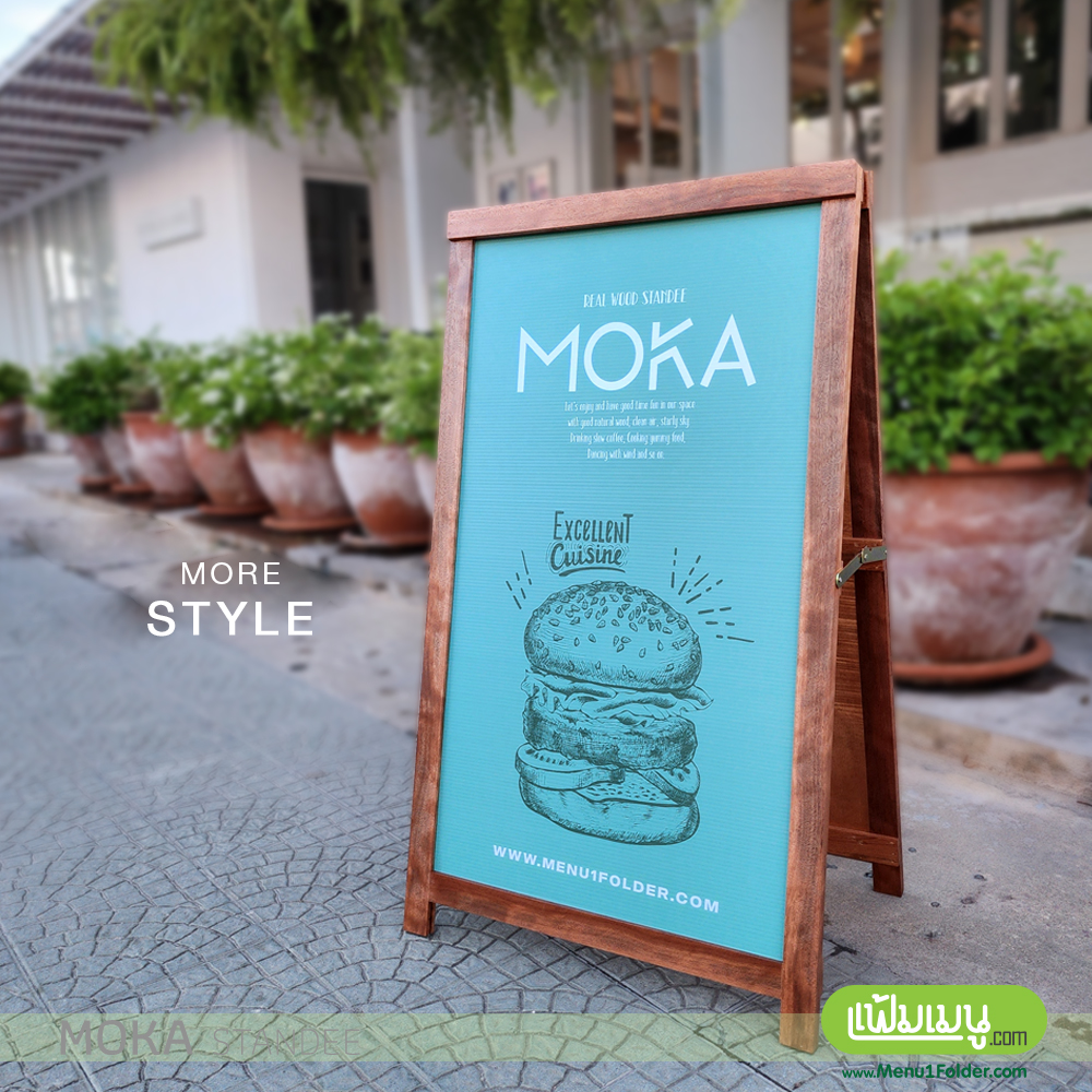 ป้ายไม้ตั้งหน้าร้าน Indoor เหมาะกับร้านอาหารหลายสไตล์