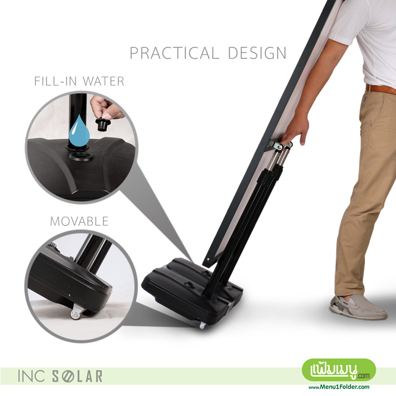 ป้ายตั้งหน้าร้าน ฐานใส่น้ำ ใต้ฐานมีล้อ เคลื่อนย้ายง่าย